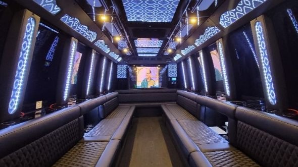 Interior of Charter Bus Company Corona's 25 Passenger Party Bus in Corona