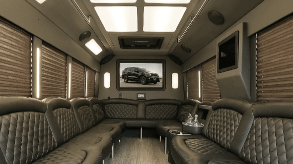 Interior of Charter Bus Company San Bernardino's 25 Passenger Party Bus in San Bernardino