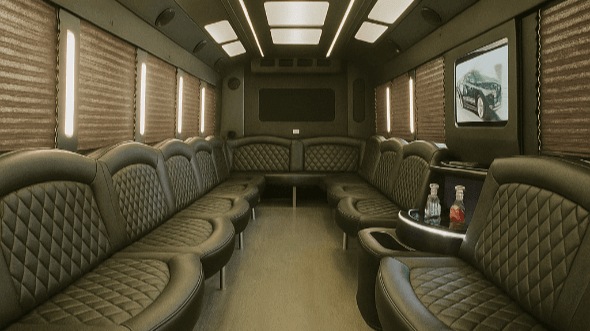Interior of Charter Bus Company San Bernardino's 40 Passenger Party Bus in San Bernardino